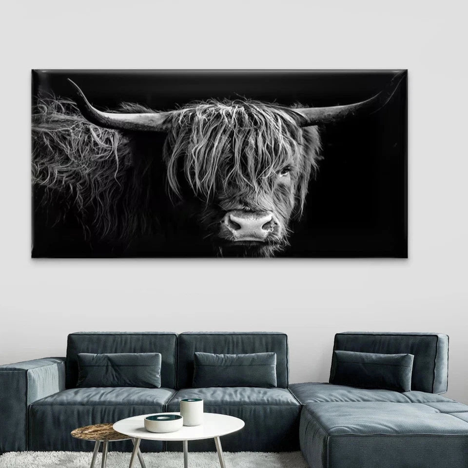 Black & White Highland Cow Wall Art Canvas Office Home Room Framed 120x60cm