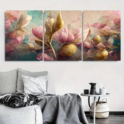 3pcs Elegant Pink & Golden Magnolia Floral Wall Art Set Canvas Framed 60x90cm - High Quality Print 100% Australian Made Wall Canvas Ready to Hang