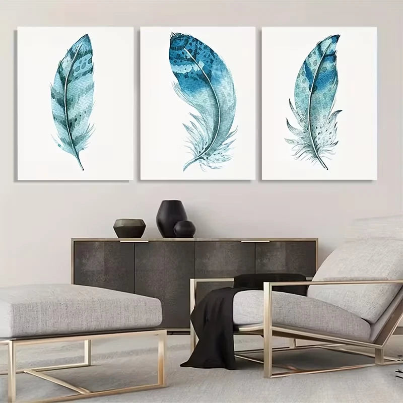 3pcs Blue Abstract Watercolor Feather  Wall Art Set Canvas Framed 60x90cm - High Quality Print 100% Australian Made Wall Canvas Ready to Hang - Bella Home Decor