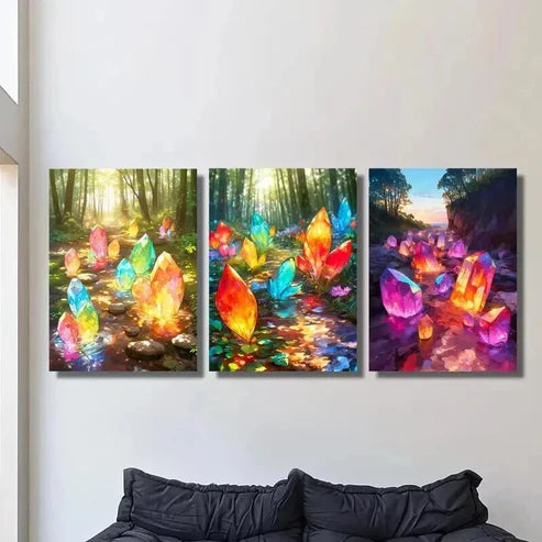 3pcs Colorful Magic Crystals in the Forest Wall Art Canvas Unframed - High Quality Print 100% Australian Made Wall Canvas - Bella Home Decor