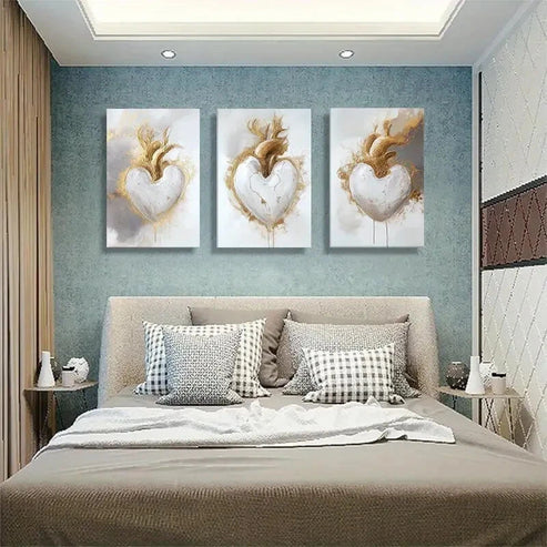 3pcs Modern Abstract Golden Heart White Perfect Wall Art Canvas Unframed - High Quality Print 100% Australian Made Wall Canvas