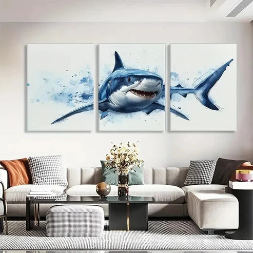 3pcs Shark Splashing Through Ocean Waves Perfect Wall Art Set Canvas Unframed - High Quality Print 100% Australian Made Wall Canvas