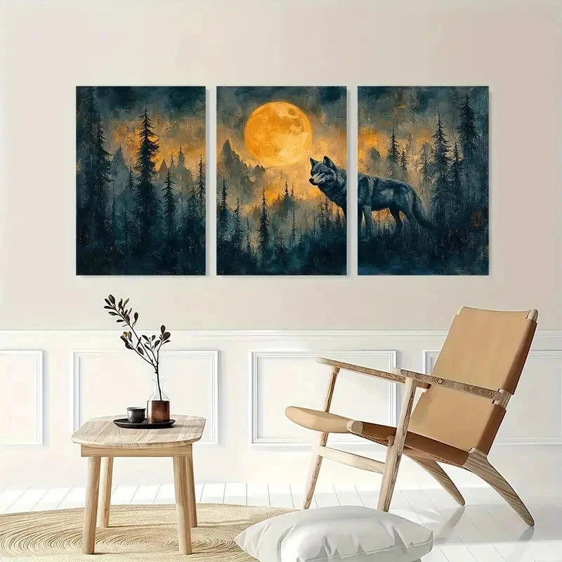 3pcs Full Moon Wolf Contemporary Perfect Wall Art Set Canvas Framed 50x70cm - High Quality Print 100% Australian Made Wall Canvas Ready to Hang - Bella Home Decor
