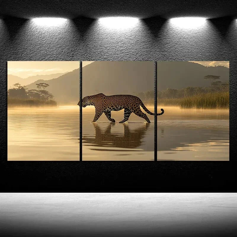 3pcs Leopard on the Water Surface Metal Print Ready to Hang Art - Bella Home Decor