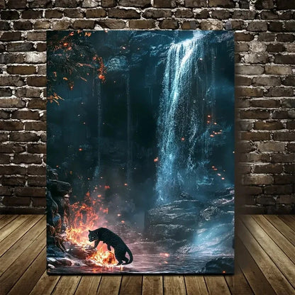 Panther & Waterfall Scene with Glowing Embers Painting 40x60cm Metal Print Ready to Hang - Bella Home Decor