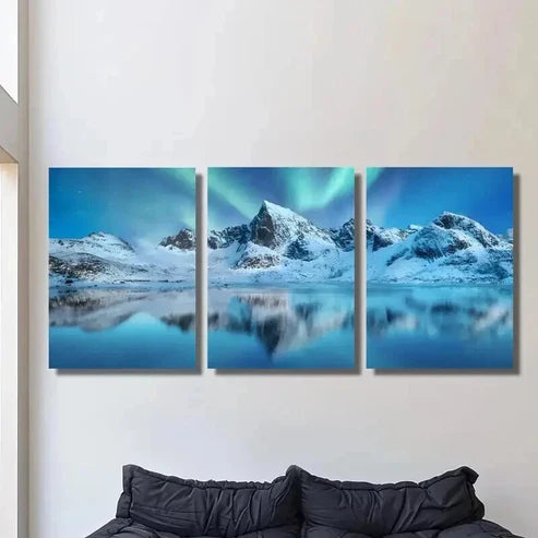 3pcs Northern Lights Over Lake in Norway Wall Art Canvas Unframed - High Quality Print 100% Australian Made Wall Canvas