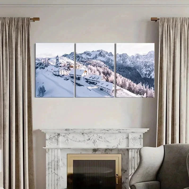 3pcs Snowy Mountain Landscape with Cabin Wall Art Set Canvas Framed 50x70cm - High Quality Print 100% Australian Made Wall Canvas Ready to Hang