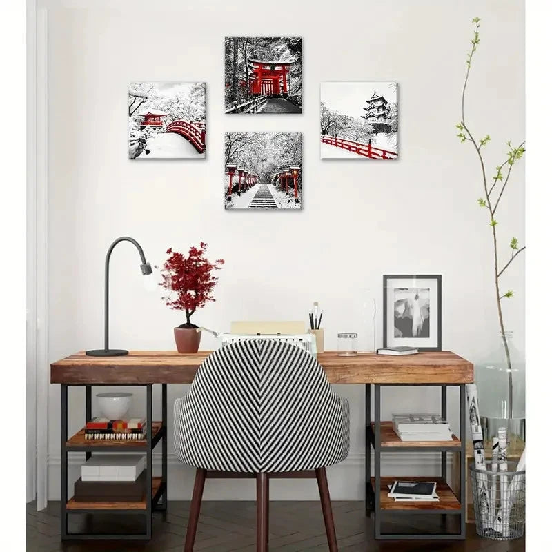 4pcs Japanese Asian Nature Landscape Black White Wall Art Canvas Framed - Bella Home Decor