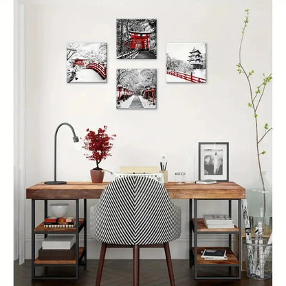 4pcs Japanese Asian Nature Landscape Black White Wall Art Canvas Framed - Bella Home Decor