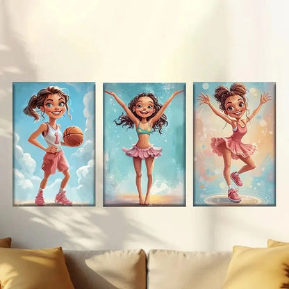 3pcs Athletic girls play basketball dive & dance Wall Art Set Canvas Framed 50x70cm - High Quality Print 100% Australian Made Wall Canvas Ready to Hang - Bella Home Decor