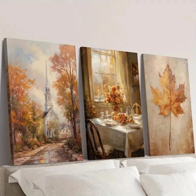3pcs Autumn Leaves Town Landscape & Dinner Wall Art Set Canvas Framed 60x90cm - High Quality Print 100% Australian Made Wall Canvas Ready to Hang