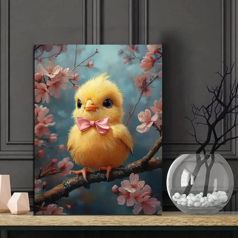 Cute Yellow Chick with an Adorable Pink Bow Sitting  40x60cm Metal Print Ready to Hang - Bella Home Decor