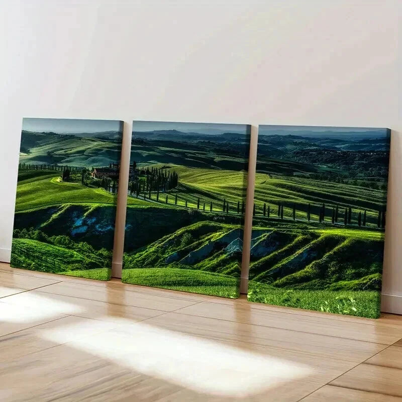 3pcs Natural Green Hills Grasslands Mountains Wall Art Set Canvas Framed 50x70cm - High Quality Print 100% Australian Made Wall Canvas Ready to Hang - Bella Home Decor