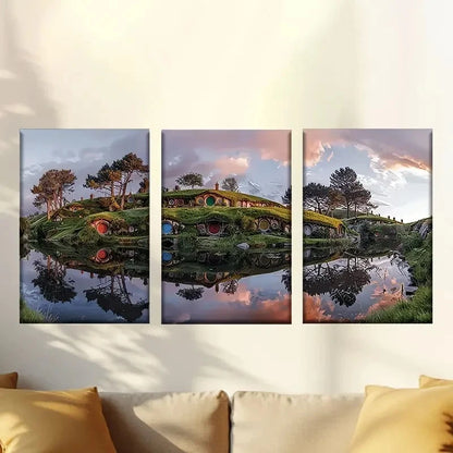 3pcs Creek and hut at sunset Wall Art Set Canvas Framed 50x70cm - High Quality Print 100% Australian Made Wall Canvas Ready to Hang - Bella Home Decor