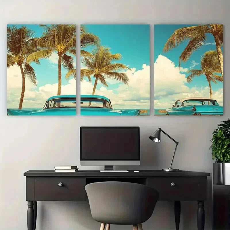 3pcs Vintage Miami & Florida City Perfect Wall Art Set Canvas Framed 50x70cm - High Quality Print 100% Australian Made Wall Canvas Ready to Hang