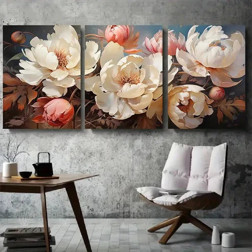 3pcs Elegant White Peony Bouquet  Wall Art Set Canvas Unframed - High Quality Print 100% Australian Made Wall Canvas