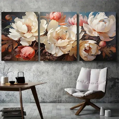 3pcs Elegant White Peony Bouquet  Wall Art Set Canvas Unframed - High Quality Print 100% Australian Made Wall Canvas
