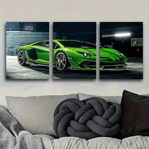 3pcs Green Sports Car in Garage Wall Art Set Canvas Unframed - High Quality Print 100% Australian Made Wall Canvas - Bella Home Decor