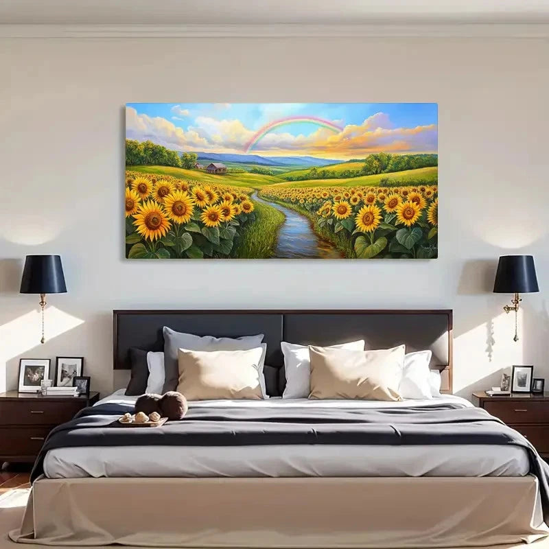 Vibrant Sunflower & Rainbow Landscape Wall Art Canvas Office Home Room Framed 120x60cm - Bella Home Decor