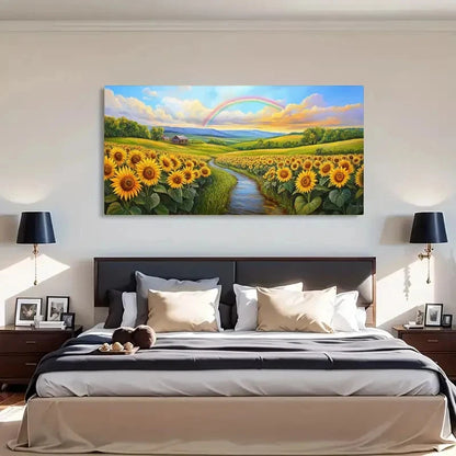 Vibrant Sunflower & Rainbow Landscape Wall Art Canvas Office Home Room Framed 120x60cm - Bella Home Decor