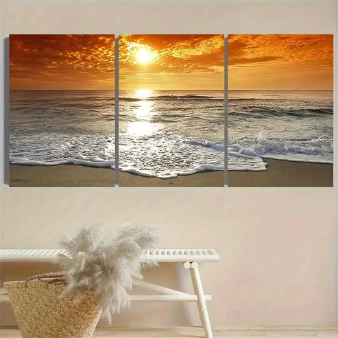 3pcs Ocean Sunset Panorama Wall Art Set Canvas Unframed - High Quality Print 100% Australian Made Wall Canvas - Bella Home Decor