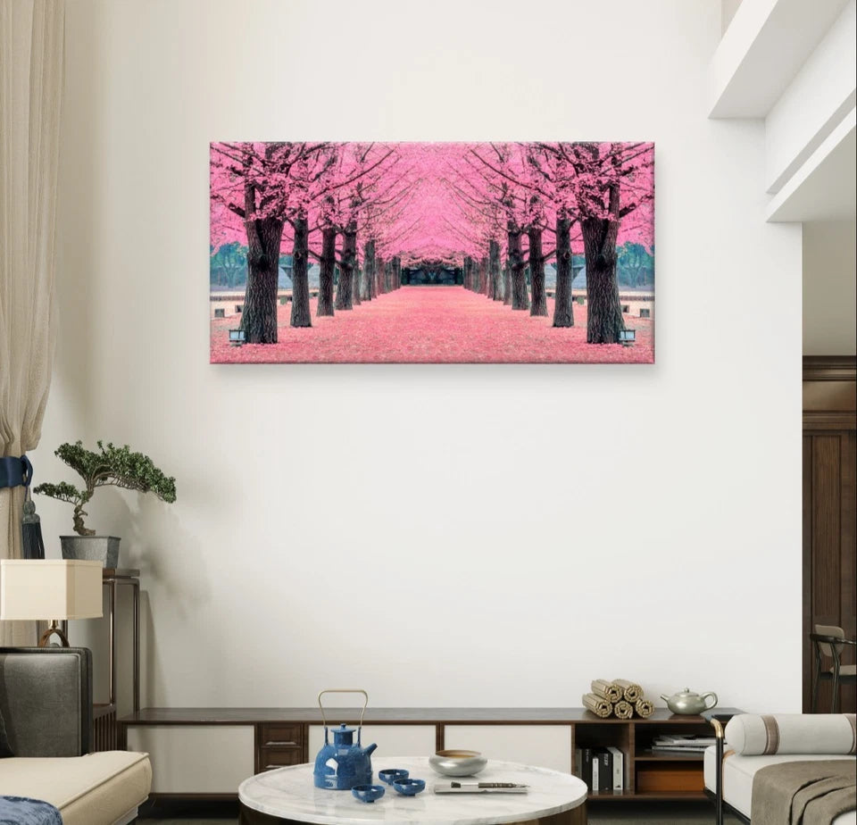 Landscape Pink Cherry Blossom Avenue Wall Art Canvas Office Home Framed 120x60cm