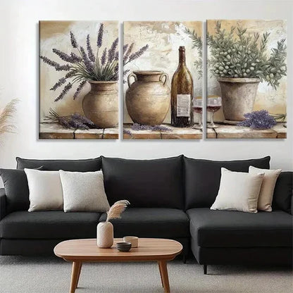 3pcs Lavender Wine Bottles in Earthen Perfect Wall Art Canvas Unframed - High Quality Print 100% Australian Made Wall Canvas
