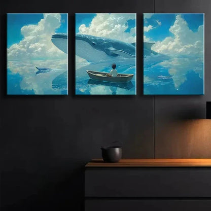 3pcs Whale and Boy Wall Blue Ocean Nature Colorful Wall Art Set Canvas Unframed - High Quality Print 100% Australian Made Wall Canvas
