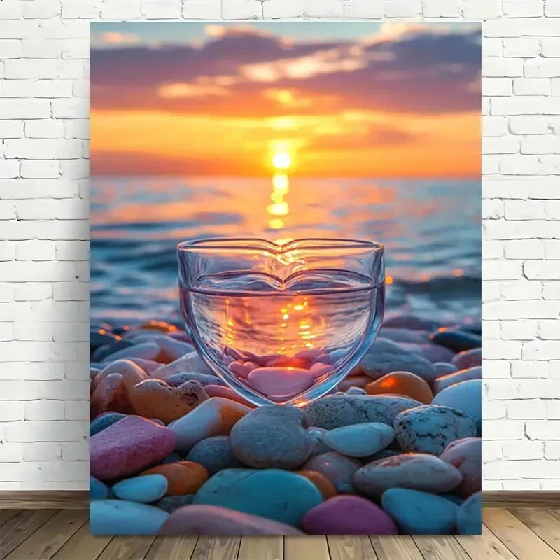 Beautiful Sunset Pebble Beach Glass Painting 40x60cm Metal Print Ready to Hang - Bella Home Decor