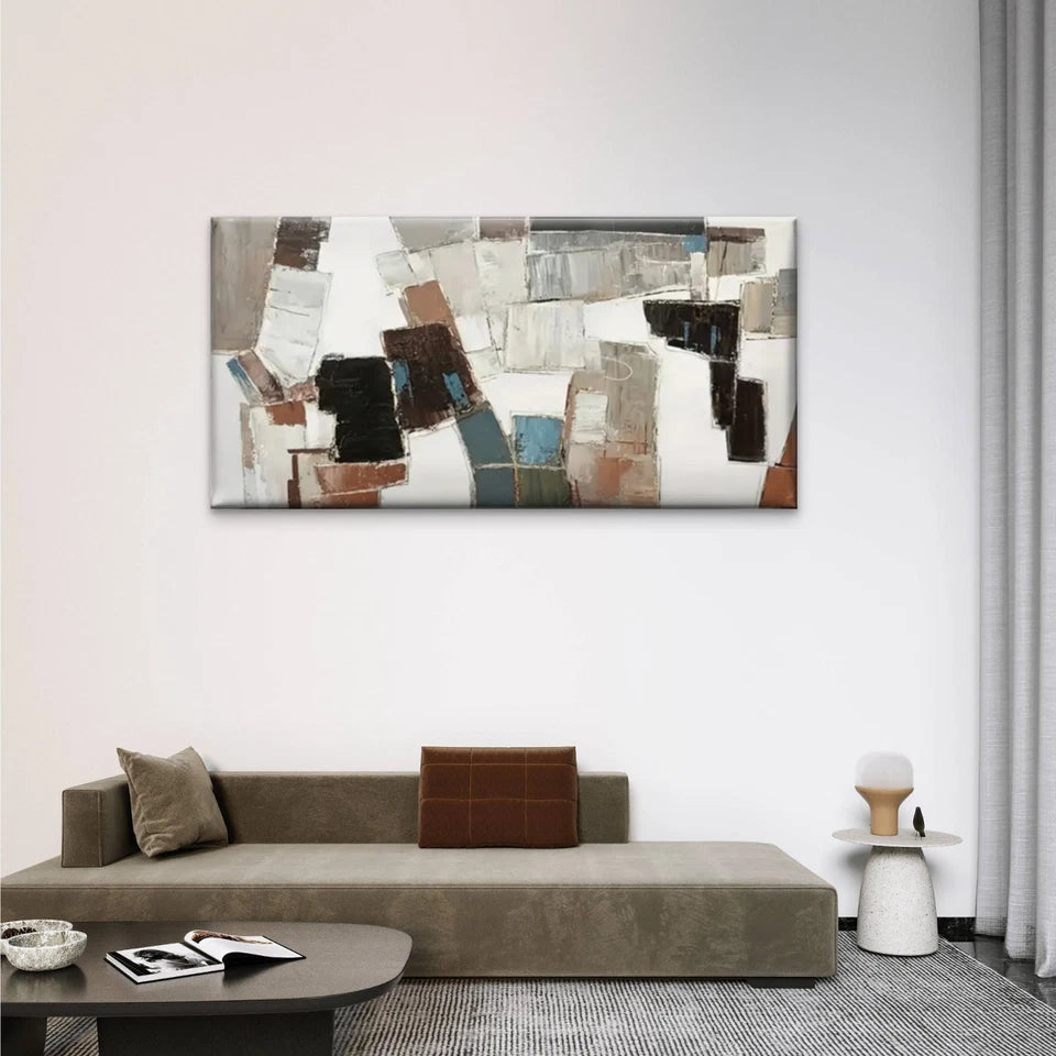 White & Brown Geometric Design Wall Art Canvas Office Home Room Framed 120x60cm