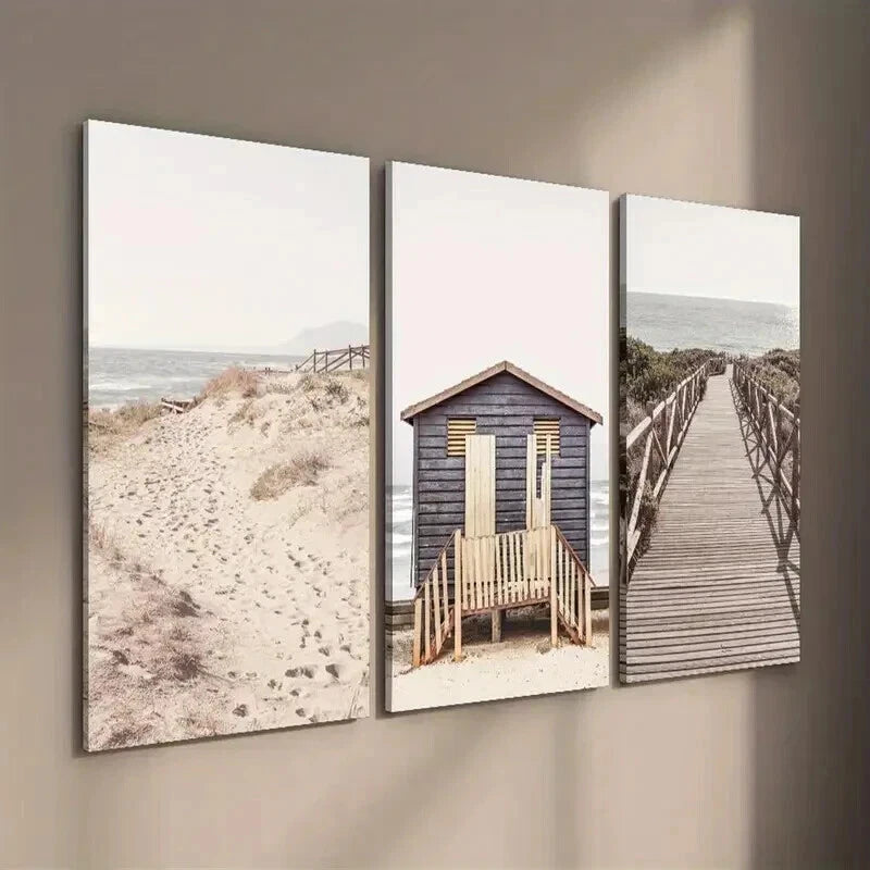 3pcs Sand Dunes & Seaside Hut Landscape Wall Art Set Canvas Framed 50x70cm - High Quality Print 100% Australian Made Wall Canvas Ready to Hang