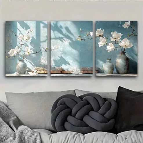 3pcs Modern Elegant Blue Vase Magnolia Floral Wall Art Canvas Unframed - High Quality Print 100% Australian Made Wall Canvas