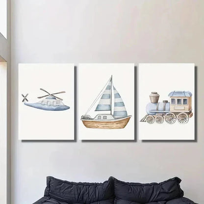 3pcs Sailboat Train Airplane Illustration Wall Art Set Canvas Unframed - High Quality Print 100% Australian Made Wall Canvas