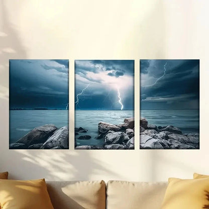 3pcs Thunder and lightning reef Wall Art Set Canvas Framed 60x90cm - High Quality Print 100% Australian Made Wall Canvas Ready to Hang - Bella Home Decor
