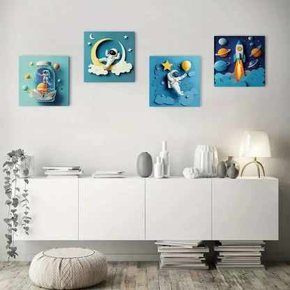 4pcs Modern Space Astronaut & Rockets Wall Art Canvas Framed