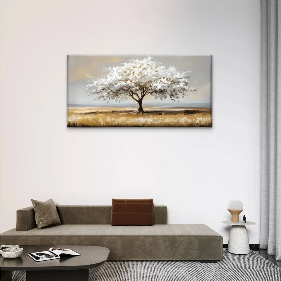 White Trees Grass Field Wall Art Canvas Office Home Room Framed 120x60cm