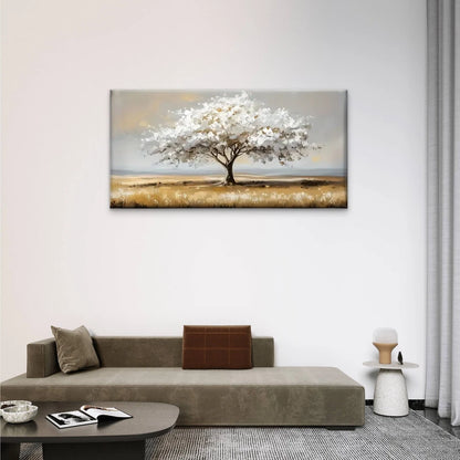White Trees Grass Field Wall Art Canvas Office Home Room Framed 120x60cm