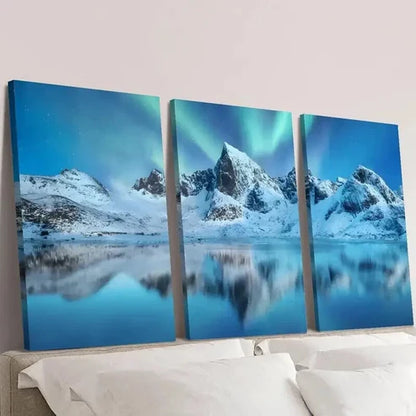 3pcs Northern Lights Over Lake in Norway Wall Art Canvas Unframed - High Quality Print 100% Australian Made Wall Canvas