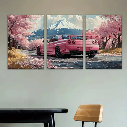 3pcs Featuring a Pink Vehicle, Artist Sketching Wall Art Set Canvas Unframed - High Quality Print 100% Australian Made Wall Canvas