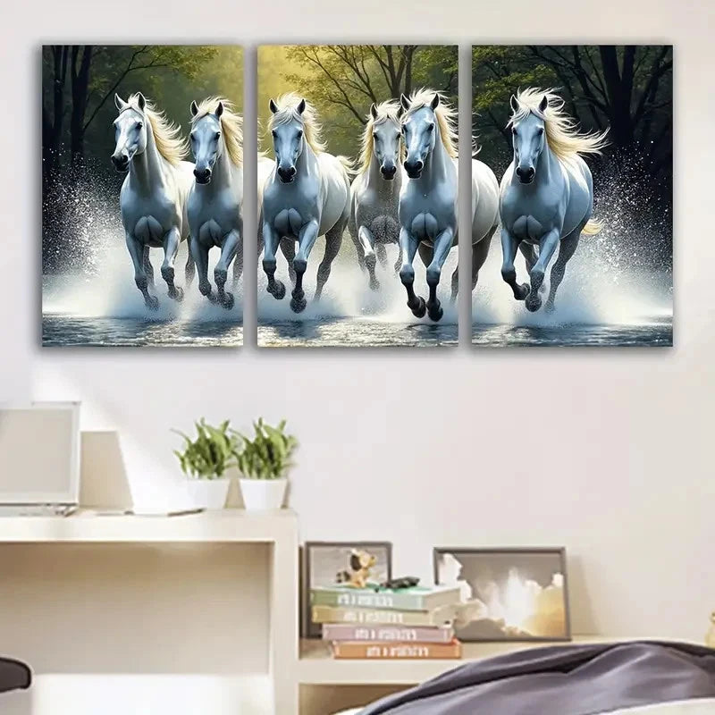 3pcs White Horse Running Wall Art Set Canvas Framed 50x70cm - High Quality Print 100% Australian Made Wall Canvas Ready to Hang