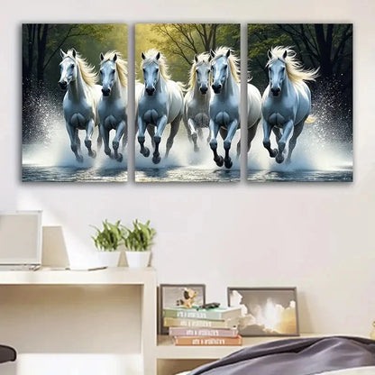 3pcs White Horse Running Wall Art Set Canvas Framed 50x70cm - High Quality Print 100% Australian Made Wall Canvas Ready to Hang