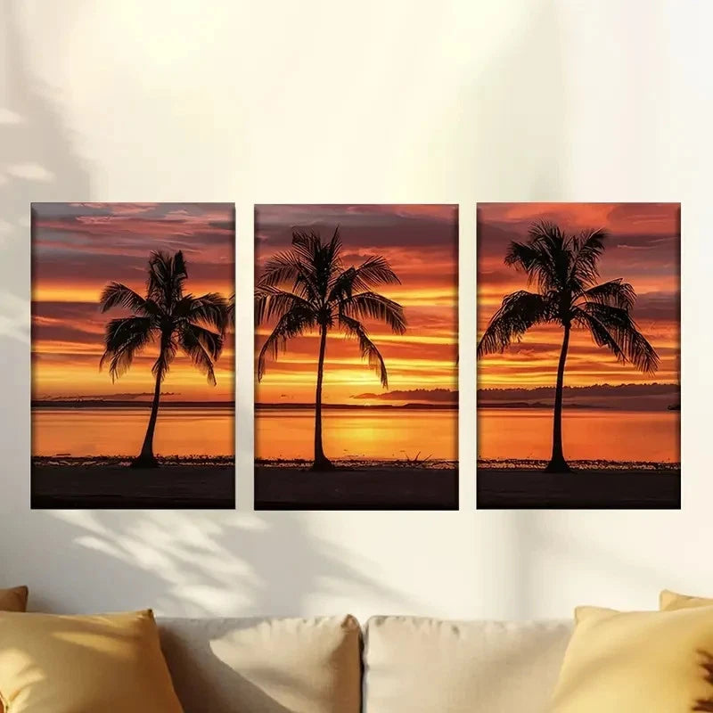 3pcs Sunset island and coconut trees Wall Art Set Canvas Framed 60x90cm - High Quality Print 100% Australian Made Wall Canvas Ready to Hang