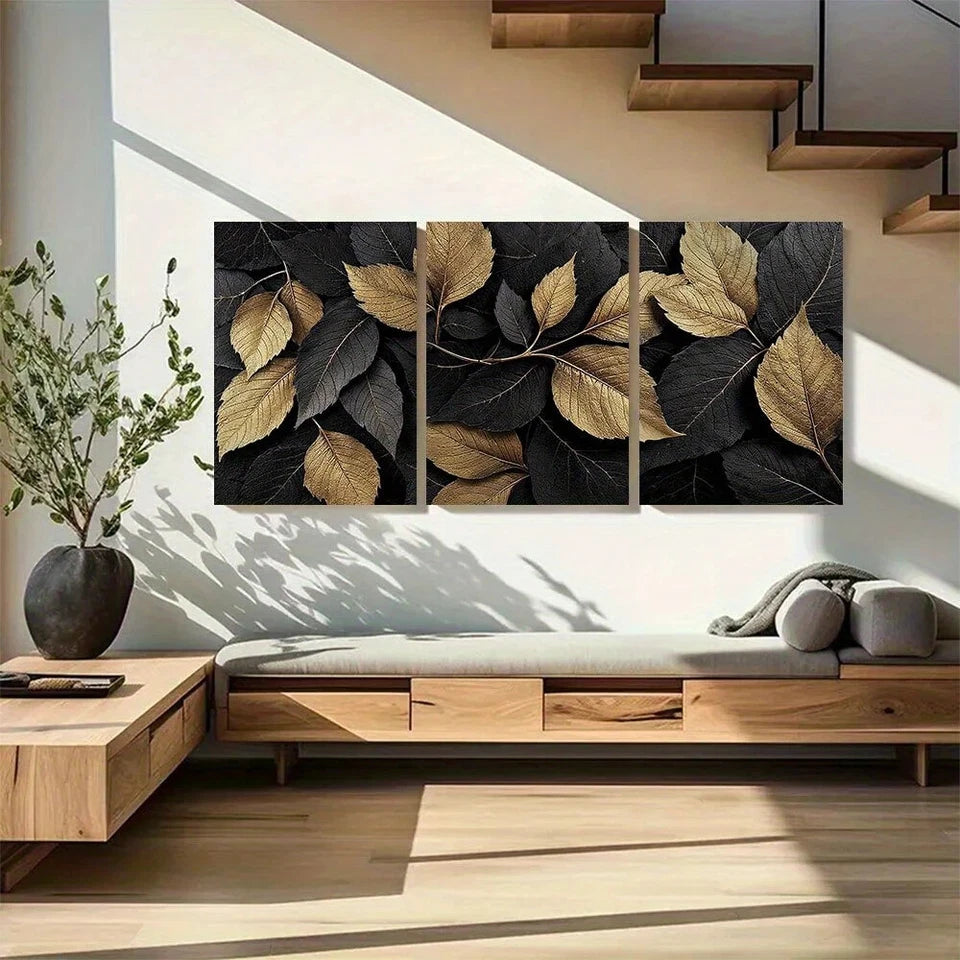 3pcs Golden Leaf Botanical Luxurious Black Metal Print Ready to Hang Art
