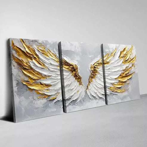3pcs White Wings Textured Golden Accents Wall Art Canvas Unframed - High Quality Print 100% Australian Made Wall Canvas
