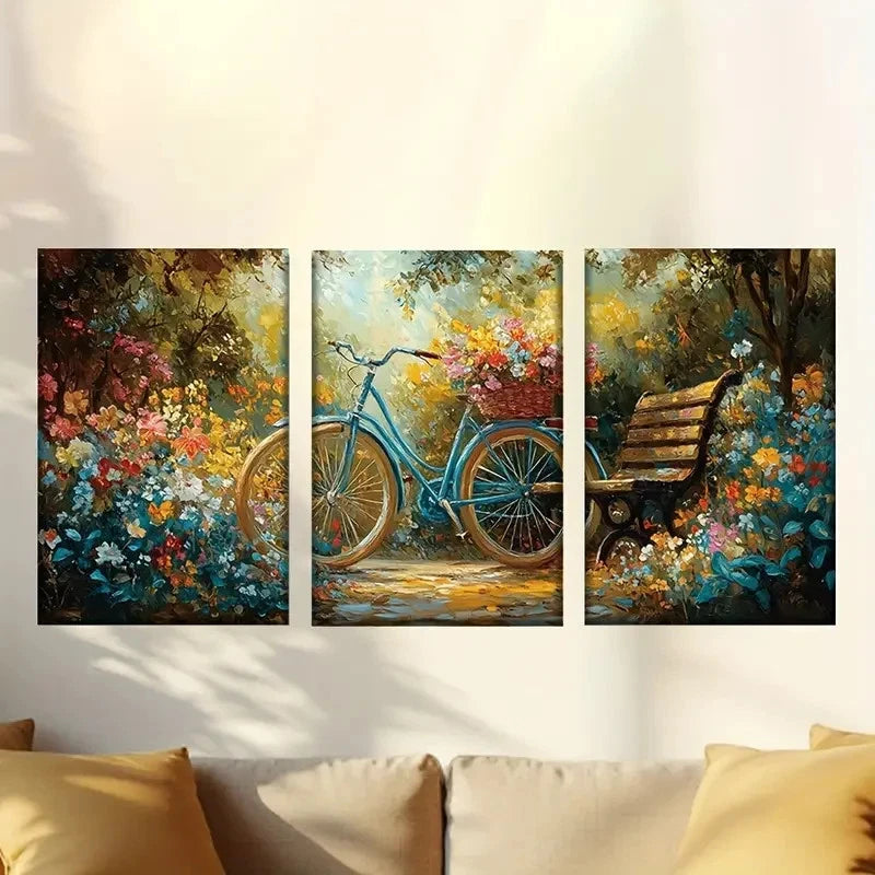 3pcs Charming colorful flowers and bicycle Wall Art Set Canvas Framed 50x70cm - High Quality Print 100% Australian Made Wall Canvas Ready to Hang - Bella Home Decor