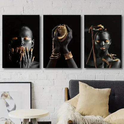 3pcs Black Woman Hands Wearing Golden Jewelry Wall Art Set Canvas Unframed - High Quality Print 100% Australian Made Wall Canvas - Bella Home Decor