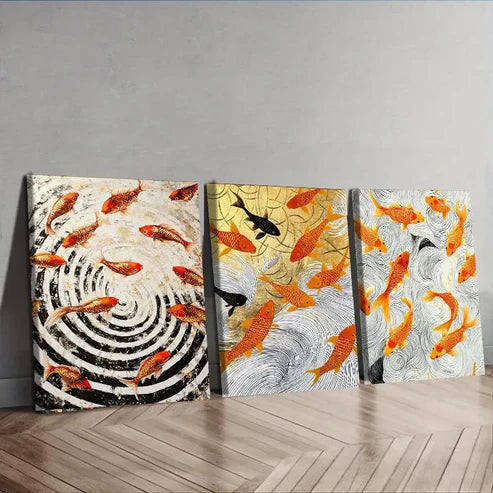 3pcs Goldfish Vortex Design Orange Perfect Wall Art Set Canvas Unframed - High Quality Print 100% Australian Made Wall Canvas - Bella Home Decor