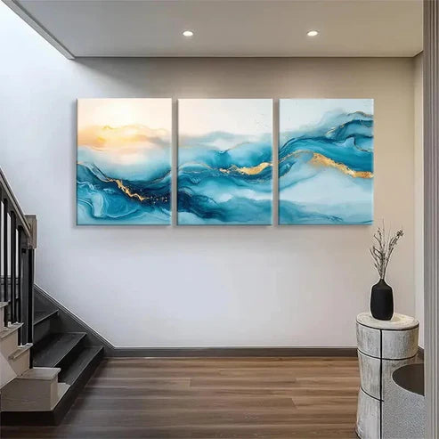 3pcs Blue and Golden Abstract Ocean Wave Perfect Wall Art Set Canvas Unframed - High Quality Print 100% Australian Made Wall Canvas