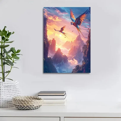 Parrot Scene Under Glowing Sunset Sky Painting 40x60cm Metal Print Ready to Hang - Bella Home Decor