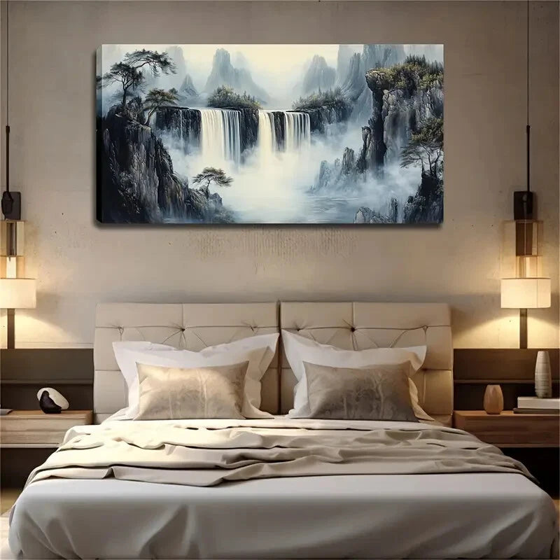 Serene Mountain Waterfall Scene Wall Art Canvas Office Home Room Framed 120x60cm - Bella Home Decor